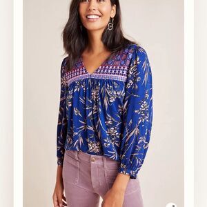 Anthropologie Embroidered Indigo Floral Peasant Top